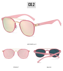 Detailed multi-angle views of pink frame sunglasses with stylish double metal bridge
