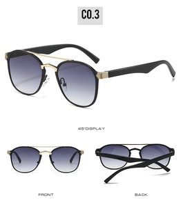 Three-angle view of double-bridge sunglasses with gold metal bar and gradient lenses