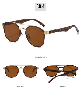 Detailed views of tortoise shell double-bridge sunglasses with brown round lenses