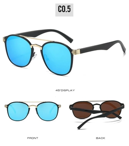 Detailed multi-angle views of retro round sunglasses with blue mirrored lenses and double bridge