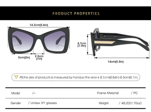 Detailed size chart for cat eye sunglasses with purple gradient lenses and PC frame