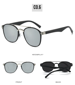 Three-view display showing 45-degree, front, and back details of double bridge sunglasses