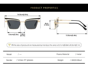 Detailed size chart for retro cat-eye metal sunglasses with full frame dimensions