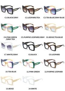 Detailed grid of 14 trendy cat-eye sunglasses and blue light glasses in various colors