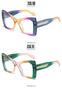 Vue détaillée à 45 degrés de montures de lunettes œil-de-chat aux couleurs dégradées