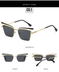 Detailed views of vintage cat-eye sunglasses with gold metal frames and dark grey lenses