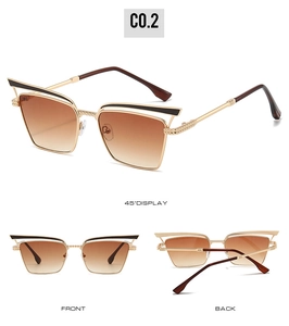 Three-angle display of cat eye sunglasses with gold frames and brown gradient lenses