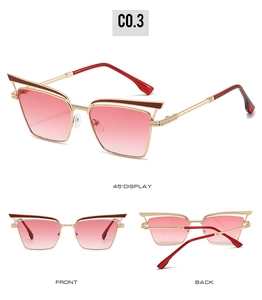 Three-view of cat-eye sunglasses with gold metal frame, red accents, and pink gradient lenses