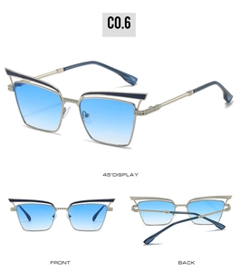 Detail of cat-eye sunglasses with blue gradient lenses and hollow metal frames