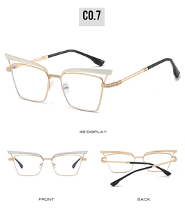 Three-angle display of hollow cat-eye sunglasses with gold metal frames and gray accents