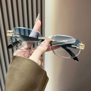 Rimless square sunglasses with rhinestone details and gradient lenses for women