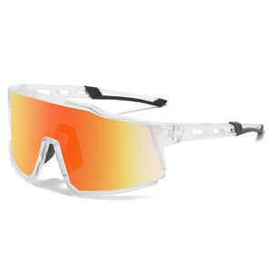 Sport cycling sunglasses with orange one-piece lens and translucent white frame