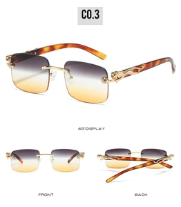 Vue détaillée de lunettes de soleil sans monture avec charnières léopard dorées et branches