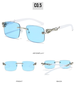 Détails des lunettes de soleil carrées sans monture avec emblème de guépard argenté