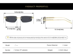 Detailed size chart for rimless rectangle sunglasses showing dimensions and metal frame specs