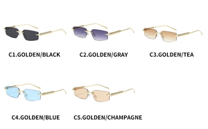 Detailed view of rimless rectangle sunglasses in five colors with gold spiral temples