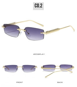 Three-view display of rimless sunglasses with purple gradient lenses and pyramid studs