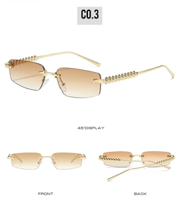 Multiple views of rimless sunglasses with brown gradient lenses and gold pyramid temples