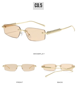Detailed views of rimless rectangle sunglasses with gold studded pyramid temples