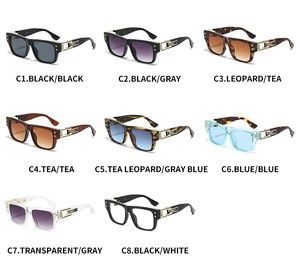 Grille détaillée montrant 8 coloris de lunettes de soleil rétro avec détails dorés