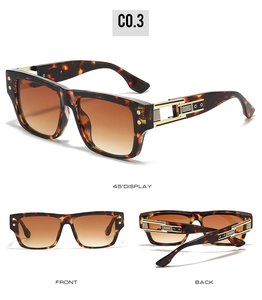 Vue sous trois angles de lunettes de soleil vintage écaillées avec branches dorées
