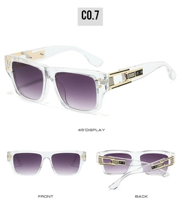 Vue détaillée des lunettes de soleil carrées transparentes avec verres dégradés violets