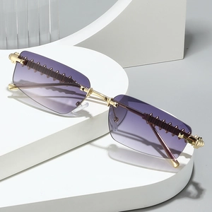 Retro rimless gradient purple sunglasses with gold spike studs and metallic frames