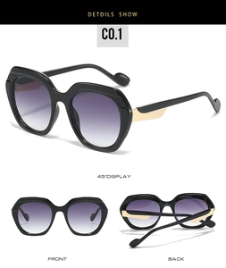 Vues détaillées de lunettes de soleil carrées avec verres dégradés violets et dorures