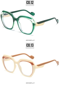 Détail de montures de lunettes de soleil polygonales en vert et beige avec charnières en métal