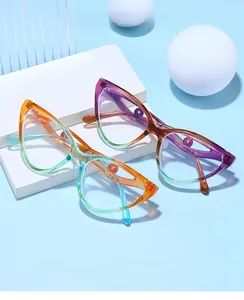 Detailed view of translucent gradient butterfly sunglasses on minimalist white stands