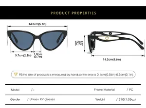 Detailed size chart for unisex butterfly sunglasses with measurements in centimeters and inches