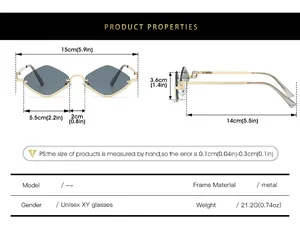 Detailed sizing chart and specifications for diamond-shaped metal frame sunglasses
