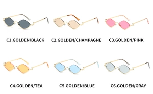 Matrix view showing six color variants of diamond-cut rimless sunglasses with gold metal frames