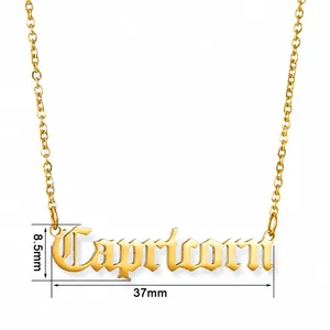 Detailed view of gold Capricorn nameplate necklace showing dimensions 37mm by 8.5mm