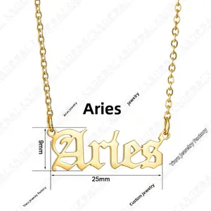 Macro detail of Aries necklace in old English font with golden finish and 25mm dimensions