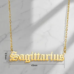 Macro shot of gold Sagittarius pendant necklace with dimensions 43mm by 8.5mm