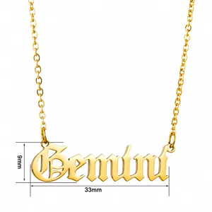 Detail view of Gemini zodiac pendant necklace in gold stainless steel with 33mm dimensions