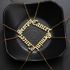 Gothic Zodiac Sign Letter Pendant Necklace Stainless Steel Gold Plated Old English Constellation Jewelry Women Men