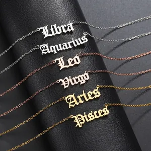 Gothic stainless steel zodiac necklaces in gold and silver on black leather jewelry display