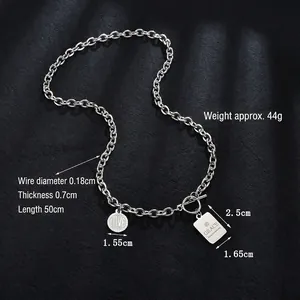 Vintage stainless steel chunky chain necklace with engraved round and square pendants