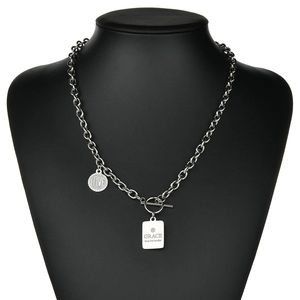 Retro titanium steel OT buckle necklace with silver round and square engraved pendants