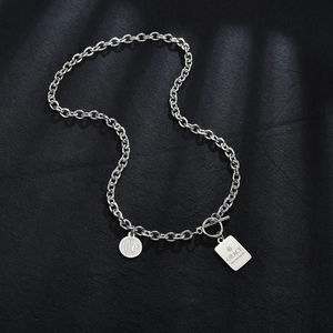 Punk vintage titanium steel chain necklace with square and round engraved pendants