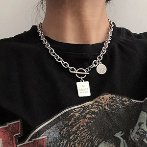 Stainless Steel Double Pendant Necklace With OT Toggle Clasp Vintage Engraved Love Grace For Women Punk Street Jewelry