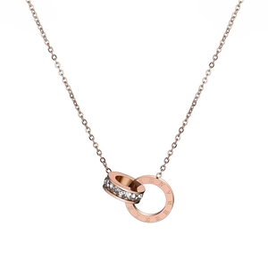 Rose gold titanium steel necklace with interlocking rings and Roman numerals pendant