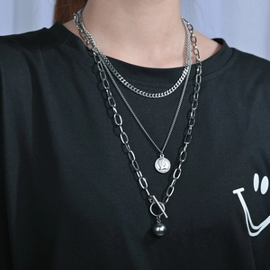 Multi Layer Stainless Steel Necklace With Portrait Coin Pendant And Polished Ball Toggle Clasp Hip Hop Jewelry For Unisex