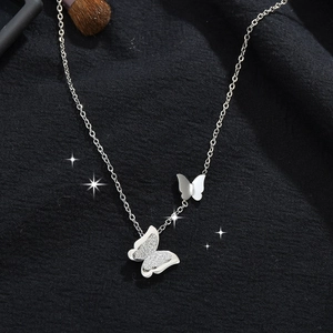 Stainless Steel Double Butterfly Pendant Necklace Frosted Glitter Zircon Texture Ins Style Dainty Jewelry For Women