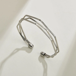 Minimalist silver geometric multi-layer open cuff bracelet with metallic ball accents