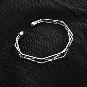 Minimalist silver multilayer geometric open bangle bracelet with a high-polished finish