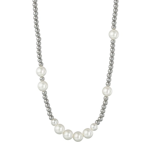Collana retrò in acciaio al titanio con perle bianche e sfere metalliche argentate sfumate