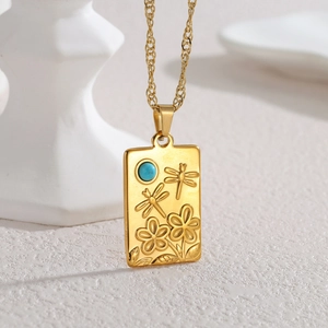 Vintage 18k gold plated stainless steel necklace with dragonfly turquoise pendant
